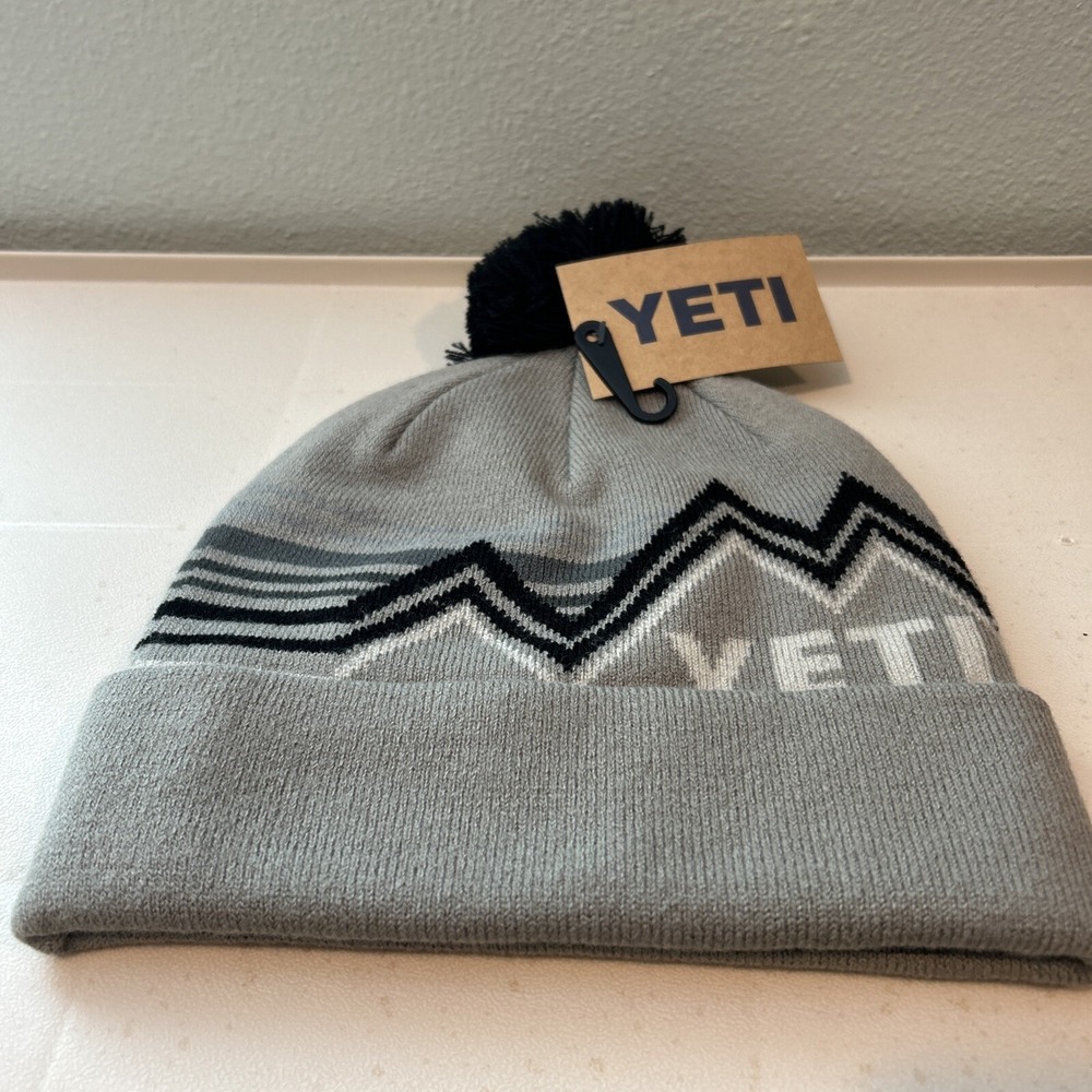 Yeti Cooler Freestyle Pom Beanie Cuffed Logo Gray Black White Brand New